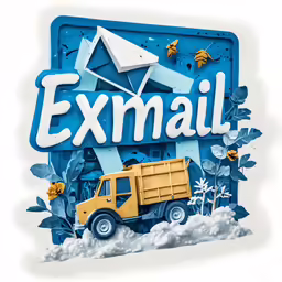 an exmail sign with a yellow dump truck with a blue background