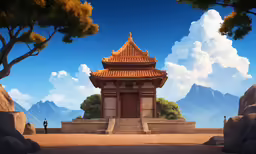 a painting of a small tower with steps leading up to it