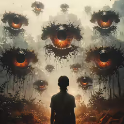 man standing alone in front of a fantasy themed artwork