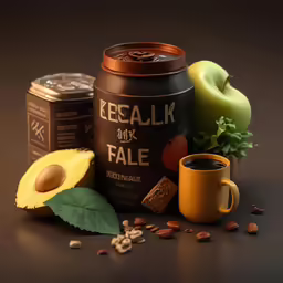 an apple, leaf, and cup with some food on it