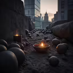 a very big outdoor area with rocks and some lit candles