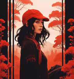 a woman in a cap and a jacket sitting in a field,an image of woman in a red hat sitting in front of a backdrop