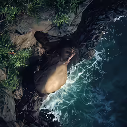 an aerial photo of a person laying on a rock and water