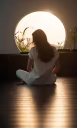 a woman is sitting on the floor watching the sun go down
