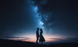 the silhouette of two people in the distance looking up at a large sky full of stars