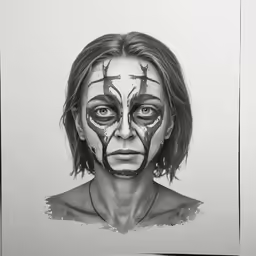 a drawing of a woman with painted faces