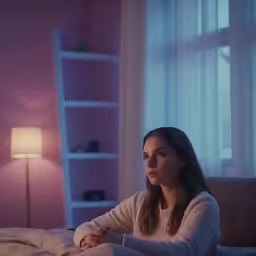 a young girl in a room with pink walls, sitting on a bed looking to her left