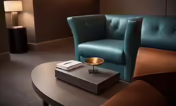 a green chair sits in the corner of a large living room