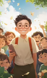 the boy with the book is surrounded by the kids