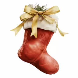 a christmas stocking with gold bows is hanging from a white background