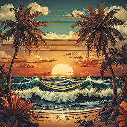 a painting of tropical sunset on the beach with palm trees,a painting of two palm trees at the beach