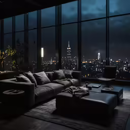 a living room with a large window and city skyline