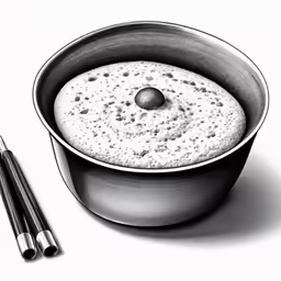 a drawing of a bowl of sauce next to two chopsticks
