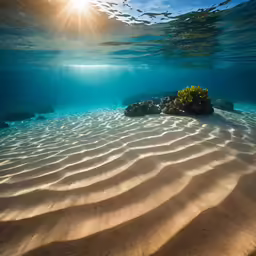 underwater image of sunburst over sandy ocean floor