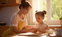 a little girl sitting in front of her mom