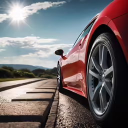 the front view of a red sports car