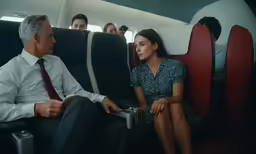 an asian airliner with people looking out the windows