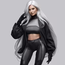 an attractive woman with white hair in a futuristic suit