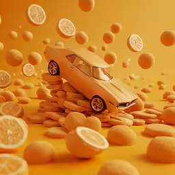 there is a car and lemon slices in the air