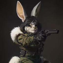a rabbit in a uniform holds a gun