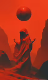 a painting of an alien man holding his hands out