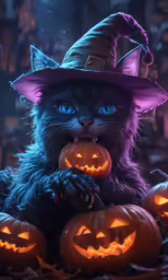 halloween greeting with a cat wearing a witch hat