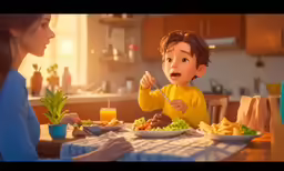 two young children at a dining table with a plate of food