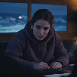 a person wearing a purple sweatshirt and working on a laptop