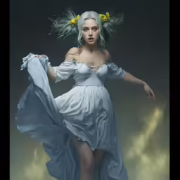 the woman is in a white gown with a floral in her hair
