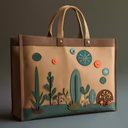 a shopping bag with a desert themed theme and colorful buttons on it