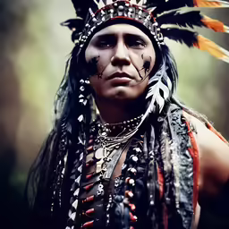 a man in native american wear looks to the side