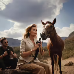 a woman sitting on top of a rock next to a horse