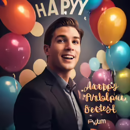 a birthday card of a smiling man with balloons