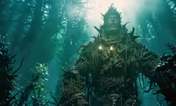 the king is walking through the woods with his crown on
