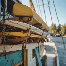 the side of a ship with an assortment of items attached to it