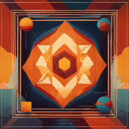 a stylized picture with shapes and colors,an orange, blue, and yellow painting with geometric shapes