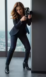 a woman holding a camera in one hand and posing for the camera
