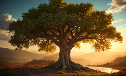 a big tree that is sitting on the ground,a big tree is sitting in the middle of the sunset