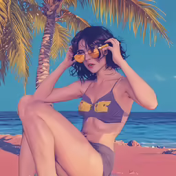 a woman sits on the beach and poses for a picture