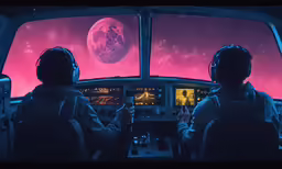 two people sitting at a control desk watching the planet outside