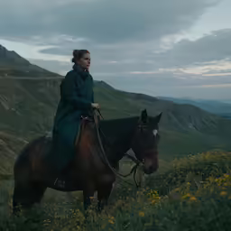 a woman riding a brown horse through a mountain side