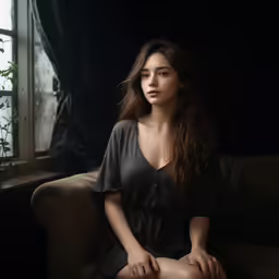 a beautiful young woman sitting in a chair next to a window