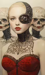 there is a woman wearing a collar and red bra with skulls on her face