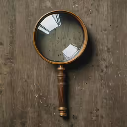 a magnifying glass sits on the floor in front of a wooden frame