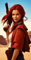 a woman wearing brown clothes holding a gun