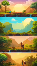 animation art showing two scenes with a river,the different view of a desert setting