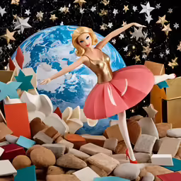 the statue of a ballerina is surrounded by small rocks and presents