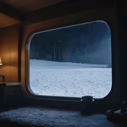 the view of a field with trees from a room at night