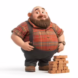 a giant man in an overall suit with a large beard, stands next to a stack of bricks