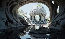 there is a waterfall that runs through a very beautiful rock formation